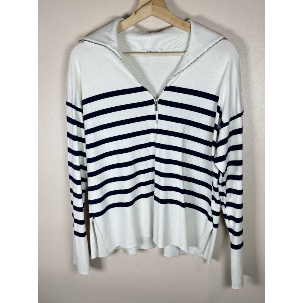 Babaton Aritzia Womens Sweater Half Zip Blue White Stripe Knit Nautical Preppy S
